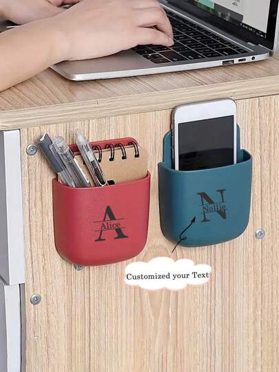 1pc Customized Text Personalized Plastic Wall Mounted Storage Box, Mobile Phone Charging Rack, Remote Control Organizer, Adhesive Holder, Multi-Functional Container For Home And Office