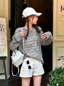 女士春季字母印花长袖 T 恤，夏季休闲宽松薄款上衣 - 灰色 - 查看 2