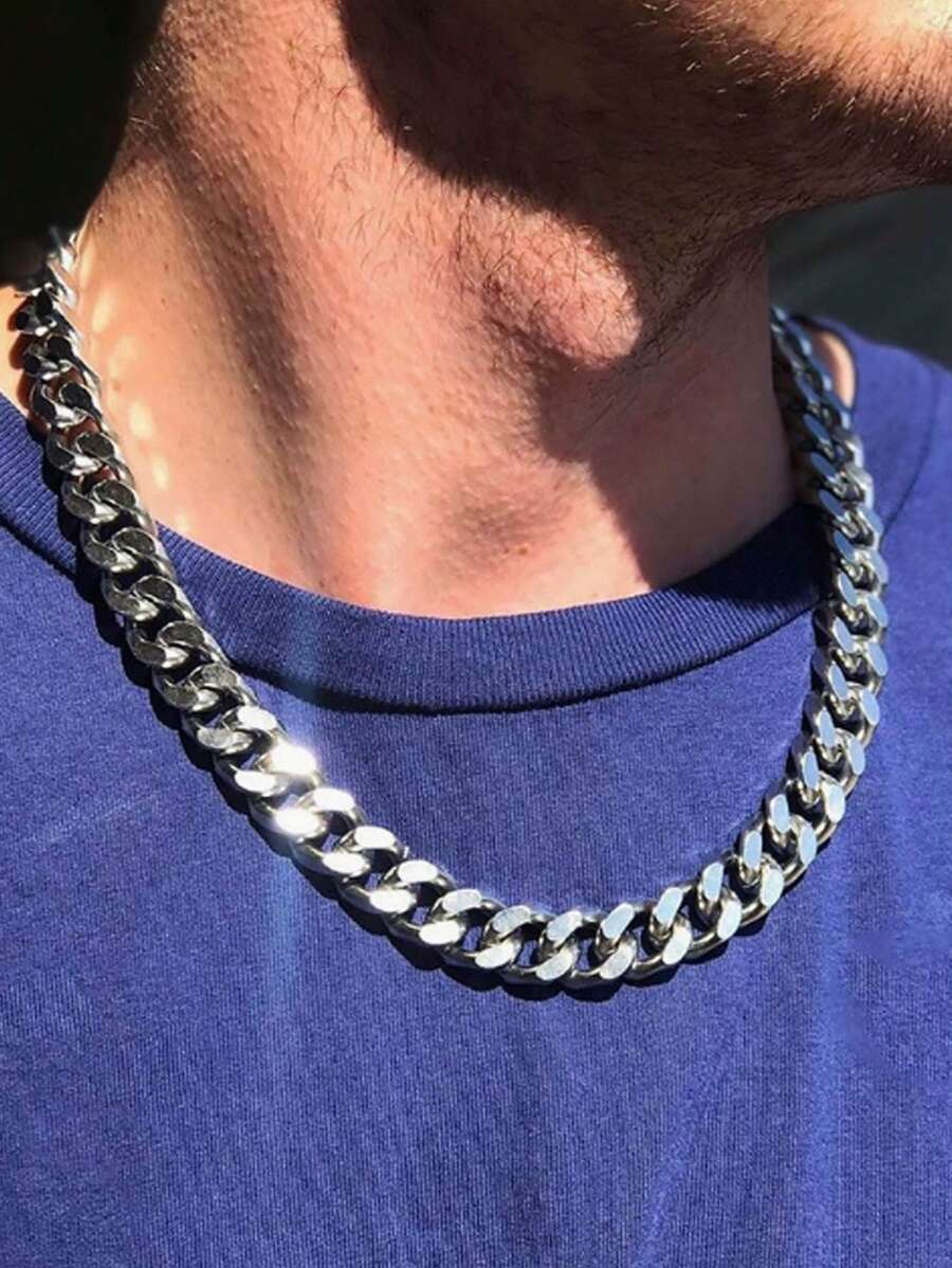 4 Sided Hip Hop Cuban Link Necklace, Thick Stainless Steel Cuban Chain Necklace - Silver - View 1