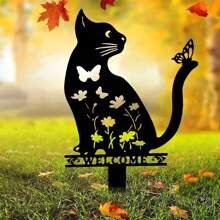 1pc, Whimsical Iron Metal Cat Silhouette Garden Decoration - Cute Ground Plug Animal Ornament For Outdoor Lawn, Courtyard, And Art Decoration