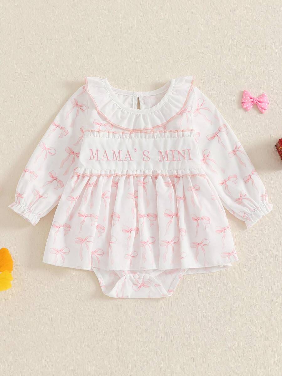 Baby Girl Romper Newborn Dress Long Sleeve Letter Bowknot Doll Collar Bodysuit Ruffle Skirt Cute Spring Clothes - Pink - View 1