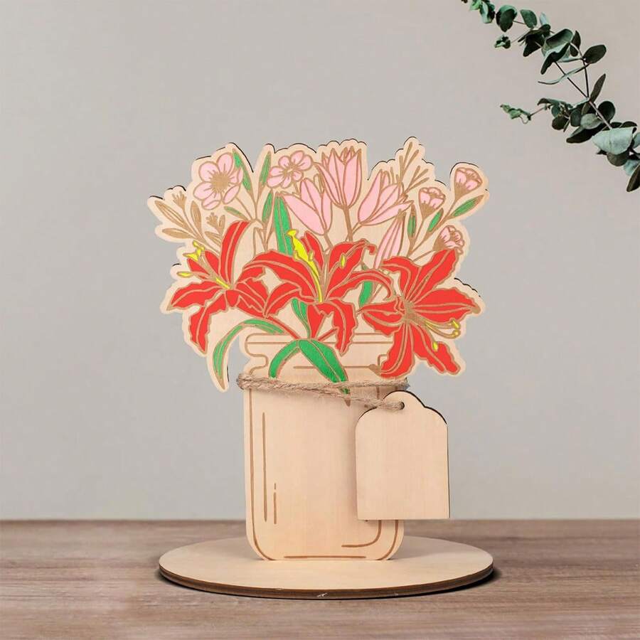 1 Piece Wooden Floral Decoration, Mother's Day Gift, Birthday Card For Mom, Table Centerpiece, Laser Wood Bouquet Card DIY Wooden Craft Flowers, DIY Fillable Colors Wooden Flowers, Suitable For Mom, Grandmother, Teacher Gifts Graduation