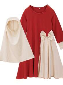 2pcs/Set Girls Spring/Autumn Long Sleeve Bowknot Dress + Headscarf, Cute Elegant Dress For Little Girls, Red And Green, Fashionable Outfit For Photos, Stretchy And Beautiful, Suitable For Middle East