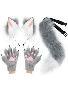 Fox Wolf Ears Headband Furry Tail Plush Cat Paw Mittens Gloves Set Halloween Party Cosplay Costumes Accessories, Rave