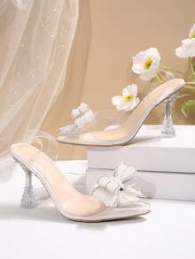 Women's Summer New Pearl & Rhinestone Bow Transparent Pointed Toe Stiletto High Heel Sandals, Elegant Transparent High Heels For Wedding Party - Clear - View 2