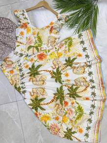Long Dress PRINTED With Lining In CREPE Fabric, Beautiful And Fashionable - Army Green - View 4