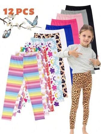 Random 12pcs High-Waisted Set For Girls, Super Soft And Super Elastic, Spring And Summer, Printed And Plain Color Combination, Leggings And Yoga Pants