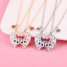 2Pcs/Set Cute Heart-Shaped Stitching Cartoon Cat Best Friend Necklace BFF Friendship Jewelry Gifts For Girls - Blue and Red Cat Necklace - View 1