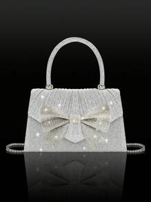 闪亮优雅的迷你蝴蝶结女士晚装包，搭配精致奢华的水钻手链、项链和耳环四件套，简约时尚的纯色褶皱翻盖手提包，适合节日派对、舞会、聚会、宴会、婚礼，是新年的最佳礼物。 - 銀色 - 查看 3
