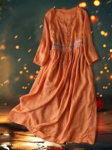 Women Summer Dress Casual Vintage Embroidery 3/4 Sleeves Midi Dress For Cocktail Vacation Club Streetwear - 橘色 - 查看 3