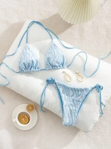 PEPPERMOLLY New Soft Fabric Blue Special Material Spaghetti Strap Backless Sexy Party Bikini Set, Summer Beach Fashion Women's Bikini - Blue - View 1