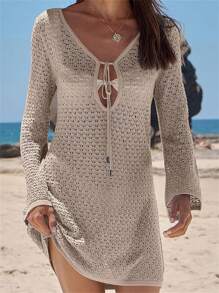 Women Summer Crochet Beach Cover Up Front Tie Hollow-Out Swimsuit Bikini Coverups Bathing Suit Beach Dresses - Khaki - View 1