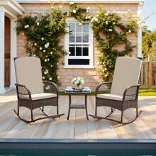 3 Pieces Patio Conversation Set, Outdoor Rocking Chair, Wicker Bistro Set, Outdoor Patio Furniture, Porch, Backyard, Bistro. - Beige - View 2