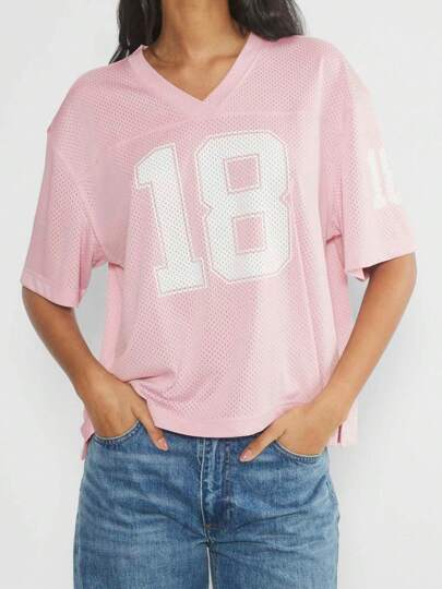 Women's Summer Casual Jersey Tee Short Sleeve Number Print V Neck Loose Fit Tops