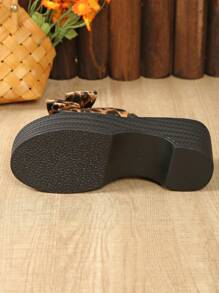 Women's Plus Size Wedge Thick Sole Open Toe Leopard Print Bow Embellished Slide Sandals