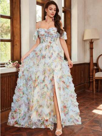 Elegant Romantic Floral Print Chiffon Long Formal Gown Maxi Evening Party Dress For Women, Wedding Guest Dress