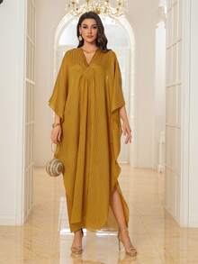 优雅女士金色缎面长袍 蝙蝠袖 系带 端庄连衣裙 长款晚礼服