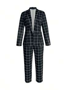 Women's Elegant Plaid Long Sleeve Blazer Jacket And Pants Suit Set