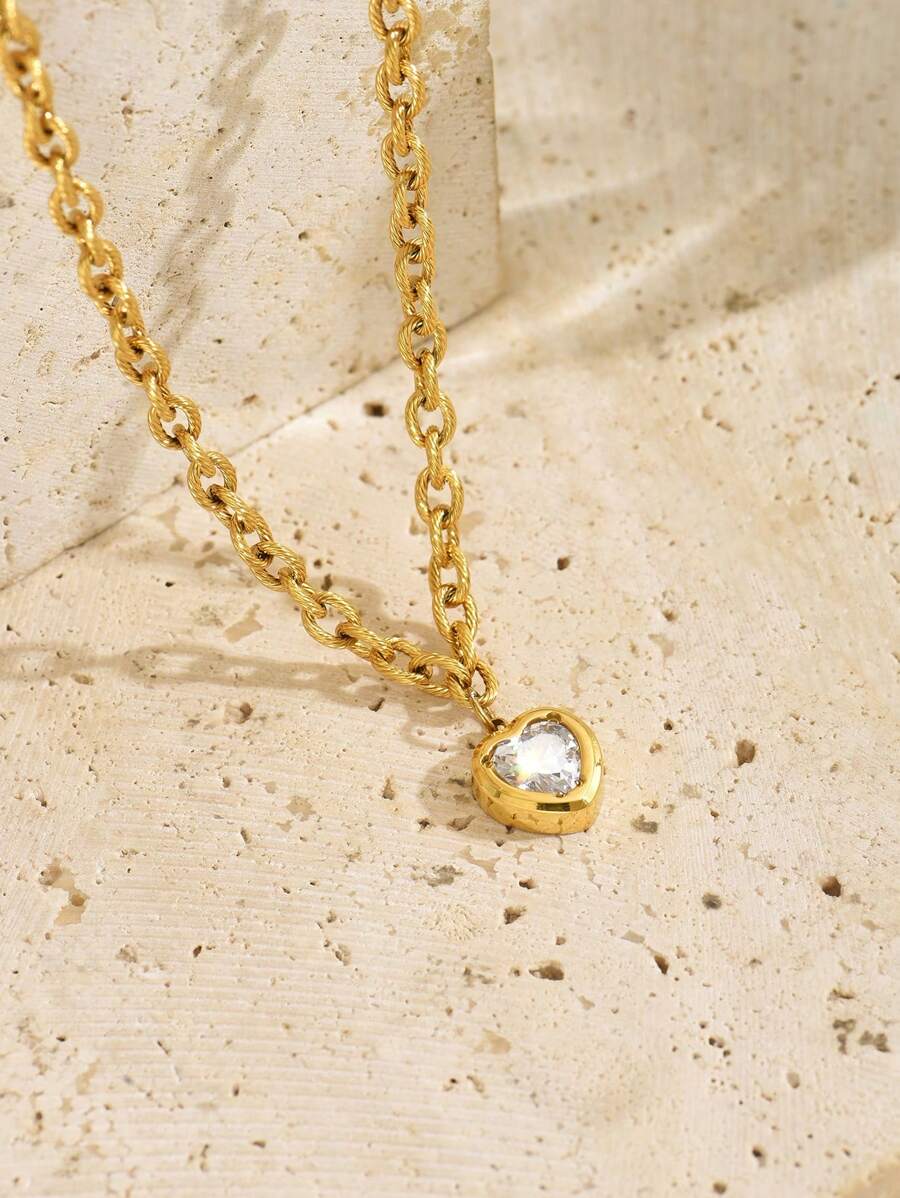 1 件简约锆石心形项链，不锈钢金色项链，适合女士 - 愛心鋯石 - 查看 1