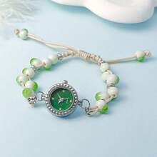 1pc Women's Niche Style Green Ceramic Bead Adjustable Band Quartz Wrist Watch, Unique Gift For Her