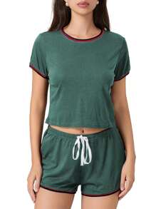 Women's 2 Pieces Sports Tracksuit Set, Short Sleeve Round Neck Top + High Waist Short Pants Sets - Green - View 3