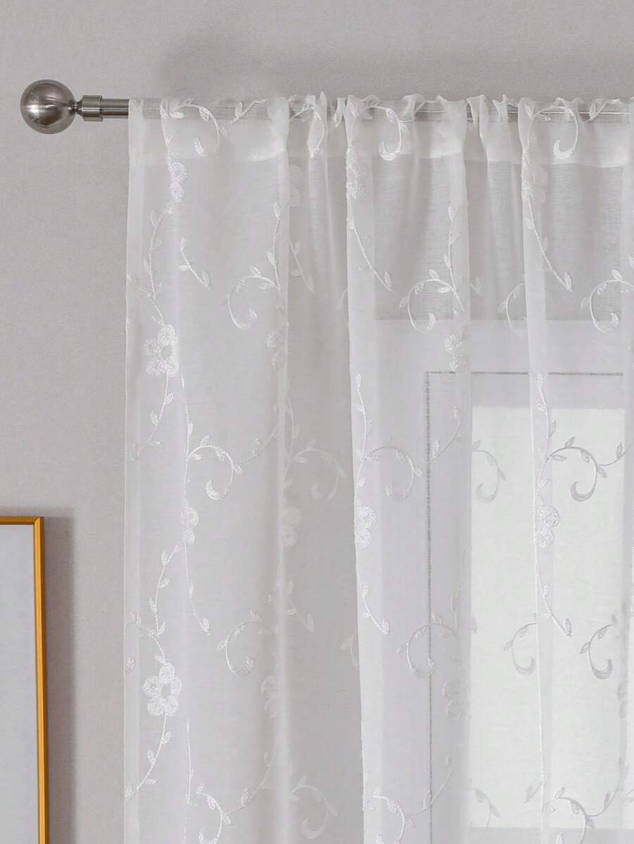 1 Stück weißer transparenter Vorhang mit Weinblatt- und kleinen Blumenmustern, floral bestickter Vorhang geeignet für Schlafzimmer/Wohnzimmer/Esszimmer/Stangendesign, herbstliche Heimdekoration eleganter Wohnzimmer-Vorhang/Schlafzimmer-Vorhang