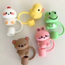 1/4/8 Pcs Portable Cute Animal Silicone Straw Lid, Frog, Rabbit, Duck, Raccoon, Chicken Straw Cover, 10mm/0.4" Reusable Straw Cap Accessories, Valentine's Day Decoration, Kids Party Gift, Back To School Supplies