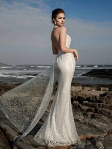 Summer Luxurious Floral Lace Beaded Embroidery Halter Deep V-Neck Sequin Backless Bohemian Wedding Dress For Bride - White - View 3