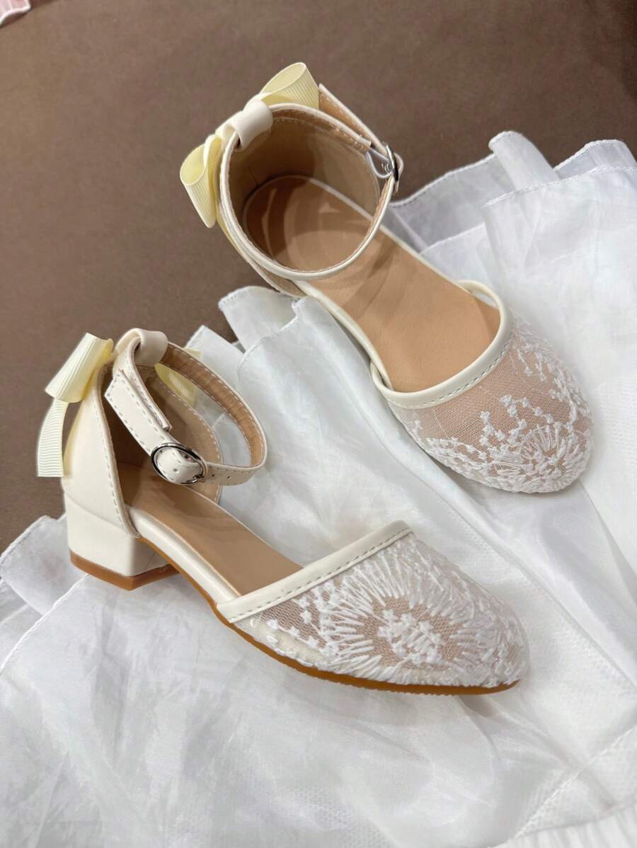 Romantic Children's High Heel Shoes, Embroidered Breathable Mesh Fabric, Cute Butterfly Decor, Suitable For Party, Romantic Vacation, Evening Dress