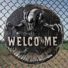 8x8 Inch Metal Alien Themed Welcome Sign, Versatile Decor For Room, Front Door, Porch, Holiday, Party, Housewarming Gift, Round Metal Sign, Home, Kitchen, Bar, Cafe, Garage Decoration, Random Hole Placement