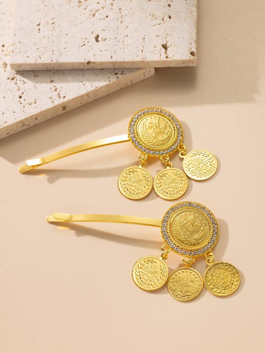 Herseygold 2 peças de grampos de cabelo femininos banhados a ouro, estilo árabe do Oriente Médio, acessório de cabelo para casamento e moeda turca