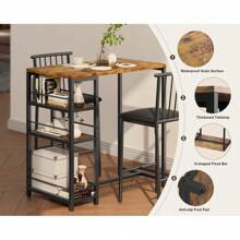 Aiho 3-Piece Wooden Counter Height Dining Table Set, Small Kitchen Table Kitchen, Dining Room - Retro - Brown - View 2