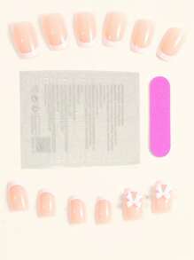Press On Nails Short Square White French Tip Fake Nails False Nails With Designs Bow Charm Glossy Glue On Nails Stick On Nails Acrylic Nails For Women Girls 24 Pcs