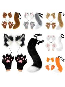 Fox Wolf Ears Headband Furry Tail Plush Cat Paw Mittens Gloves Set Halloween Party Cosplay Costumes Accessories, Rave