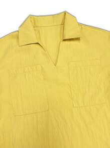 2-częściowy zestaw Minimalistyczny swobodny biurowy luźny top z kieszenią na klapie + długie, luźne spodnie - Żółty - Zobacz 2