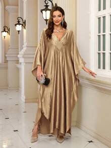 Elegant Women's Gold Satin Kaftan Robe, Batwing Sleeve Casual Dress Eid Spring - 杏色 - 查看 7