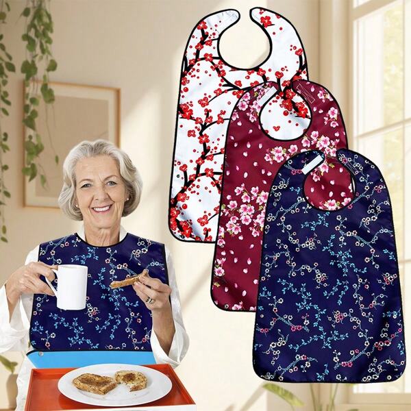1 paquet Bavoirs adultes femmes Sakura, protection pour le repas, lavable et essuyable, avec fermeture par pression, bavette pour adulte, protège-vêtements résistant aux taches