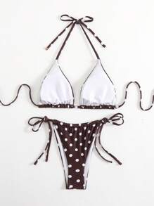 LUCKY HOLIDAY Fashionable Sexy Polka Dot Tie Side Triangle Bikini Swimwear Set - Coffee Brown - View 5