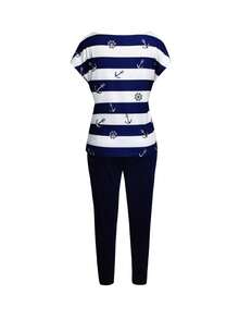 Set de 2 piezas con camiseta de manga corta con estampado a rayas casual y pantalones alargados - Azul Marino - Ver 2