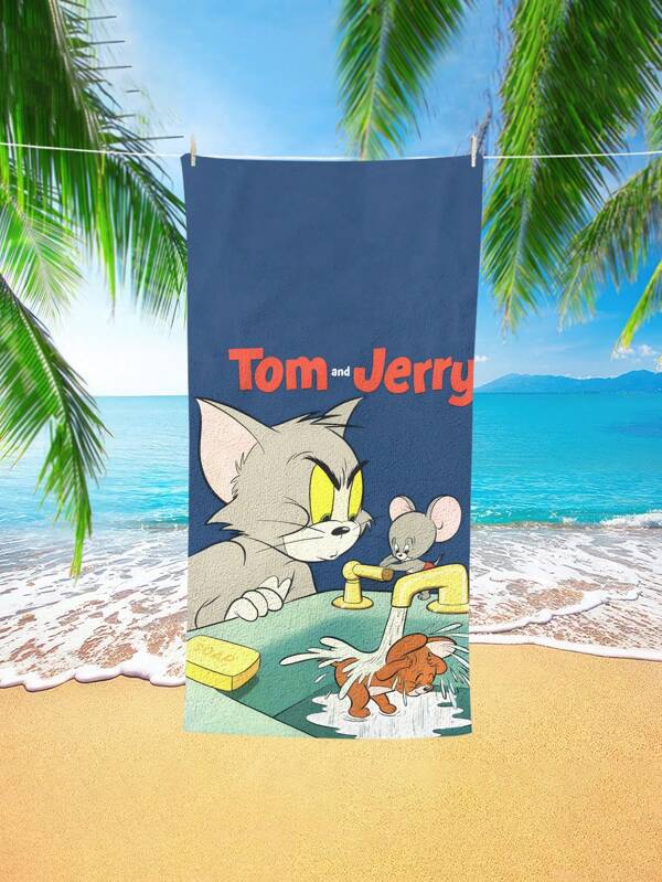 TOM AND JERRY. 1 stuk strandlaken met Tom & Jerry-patroon, zacht en comfortabel voor dagelijks gebruik thuis, badkamer, kinderen en volwassenen, strandbenodigdheden