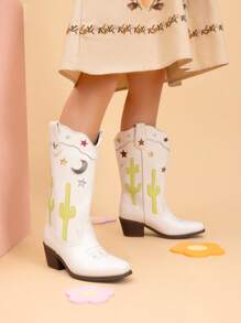 Girls Cowboy Boots Square Toe Western Boots With Low Heel - White - View 2