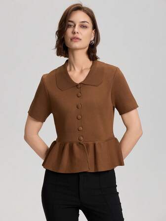 纯色荷叶边下摆短袖针织开衫