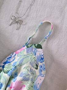 Women's Floral Printed Spaghetti Strap Backless Vacation Dress, Spring/Summer - Green - View 3