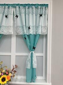 1pc Blue Voile Curtain, French Romantic Lace Ruffled Curtain Panel For Kitchen, Bathroom, Cafe, Farmhouse Style, Sheer Linen Material, Washer, Rod Pocket Design, Princess-Like - Multicolor - View 10