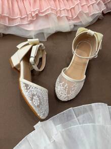 Romantic Children's High Heel Shoes, Embroidered Breathable Mesh Fabric, Cute Butterfly Decor, Suitable For Party, Romantic Vacation, Evening Dress - Beige - View 3