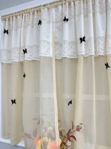 1pc Khaki Sheer Lace Curtain With Black Butterfly And Floral Pattern - Classic Princess Style, Suitable For Kitchen, Small Windows, Cafes And Door Decoration, Sheer And Washable With Rod Pocket