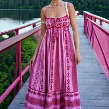 Women Boho Maxi Dress Crochet Patchwork Sleeveless Spaghetti Strap Long Flowy Swing Dress Backless Tassels Maxi Dress ​Beach Sundresses - 粉色 - 查看 5