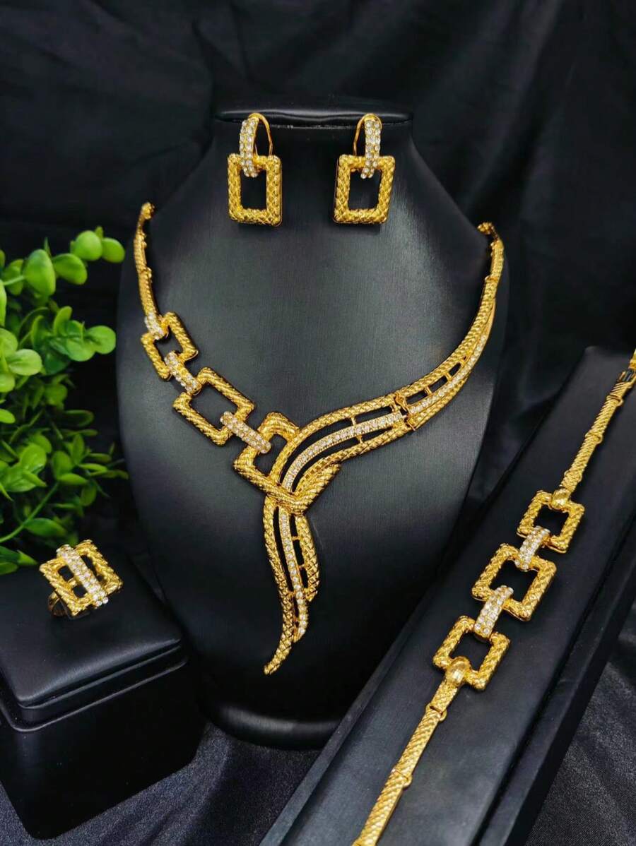 4pcs Set Fashion Women's Tasseled Sparkly Rhinestone Pendant Gold-Plated Jewelry Set, Necklace & Earrings, Suitable For Wedding, Party, Holiday Gift, African American