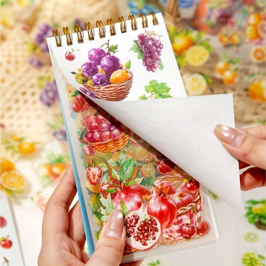 1 件装丰收季节水果主题贴纸书 - 24 张双材质 PET 和日本纸，哑光表面，自粘装饰贴纸，适用于 DIY 日记、剪贴簿、笔记本、水瓶和滑板、水果贴纸 - 彩色 - 查看 1