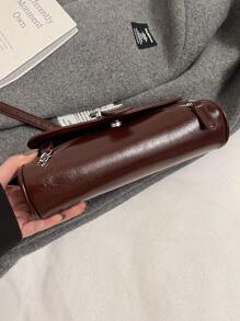 1pc Coffee PU Motorcycle Crossbody Bag, Niche Chic Sweet Hot Girl Design Shoulder Bag, High-End Quality Versatile Baguette Handbag